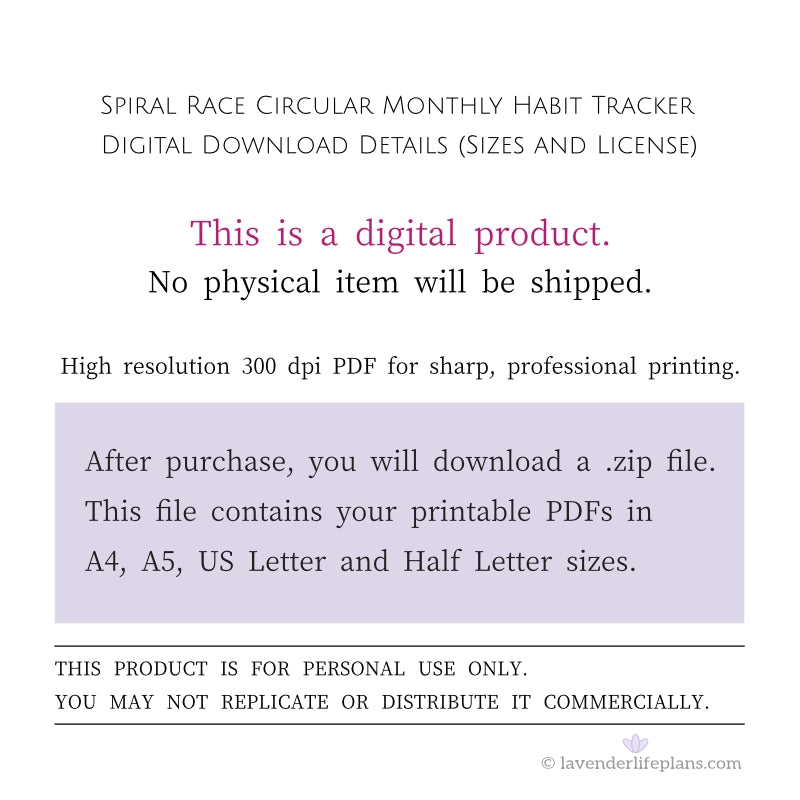 Spiral Race Circular Monthly Habit Tracker - Digital Download Details including file sizes and personal use license.