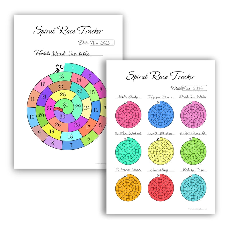 A filled-in example of the Spiral Race Circular Habit Tracker. The 1 and 9-habit templates are shown fully colored, demonstrating how the black and white printable transforms into a visual and motivating record of progress.