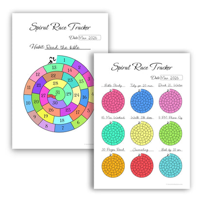 A filled-in example of the Spiral Race Circular Habit Tracker. The 1 and 9-habit templates are shown fully colored, demonstrating how the black and white printable transforms into a visual and motivating record of progress.