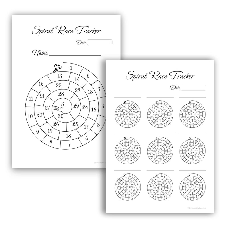  The two black and white printable templates of the 'Spiral Race' habit tracker. Detail of the circular spiral layout for the single-habit and 9-habit trackers, designed to be colored in.