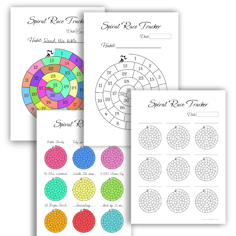 Overview of the Spiral Race circular monthly habit tracker. The image displays the two black and white printable templates (for 1 and 9 habits) next to a colored-in example to illustrate its use as a coloring page.