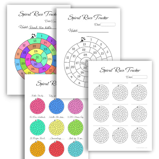 Overview of the Spiral Race circular monthly habit tracker. The image displays the two black and white printable templates (for 1 and 9 habits) next to a colored-in example to illustrate its use as a coloring page.
