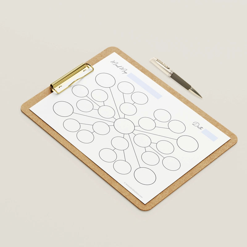 Mockup example of the black and white Starburst Mind Map Template printable.