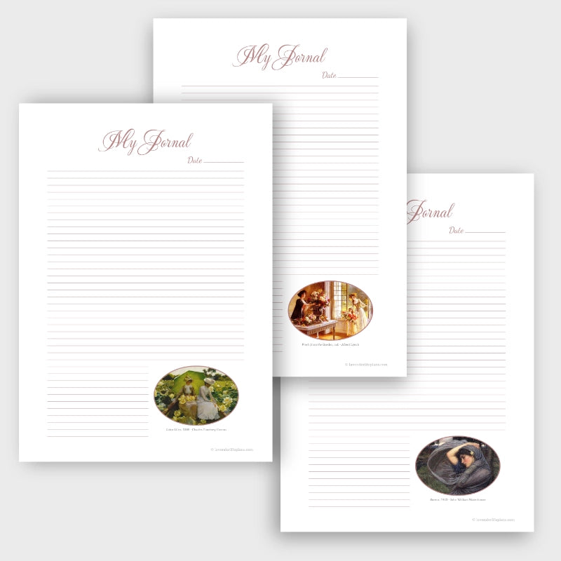 The Art Gem printable journal pages, three vintage oil paintings shown, printable template for daily writing.