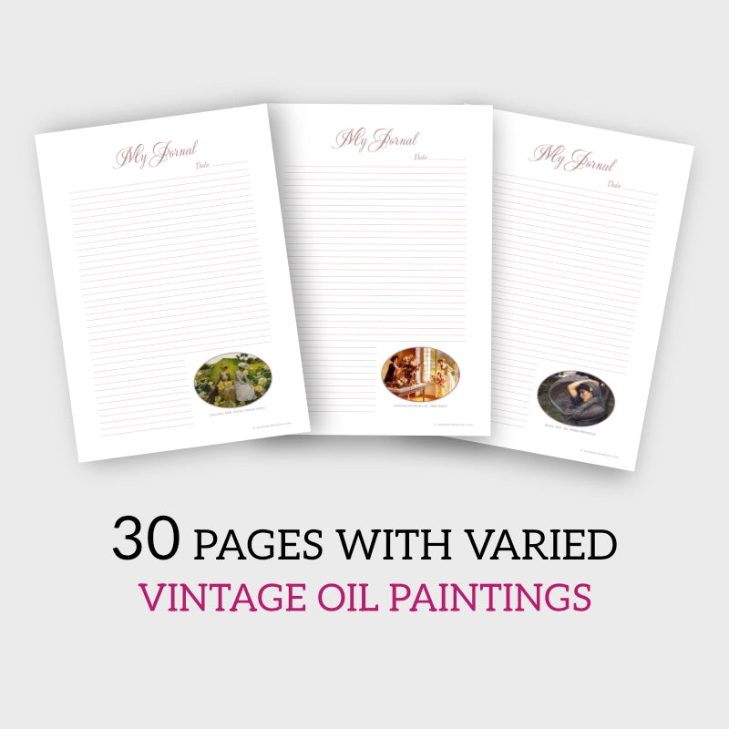 The Art Gem printable journal template showing three varied vintage oil paintings designs in a fan layout.