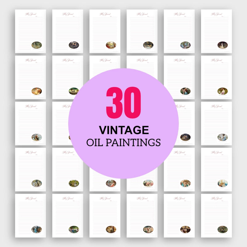 The Art Gem template set, 30 vintage oil paintings pages displayed in a mural, printable journal pages for creative use.