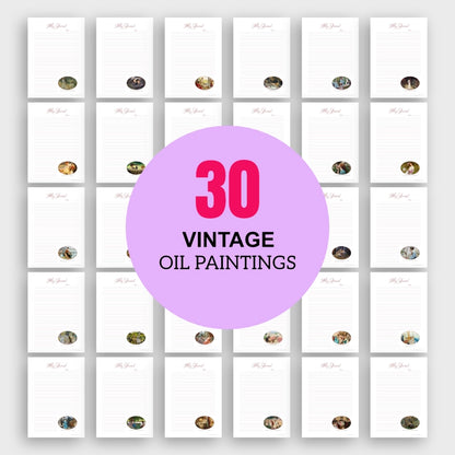 The Art Gem template set, 30 vintage oil paintings pages displayed in a mural, printable journal pages for creative use.