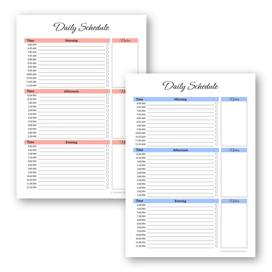 Tick Tock Daily Schedule printable template shown in blue and pink color options, featuring a time-based layout.